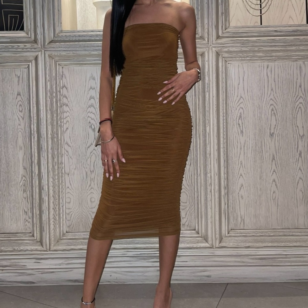 Shein Brown Strapless Mesh Midi dress Size XS